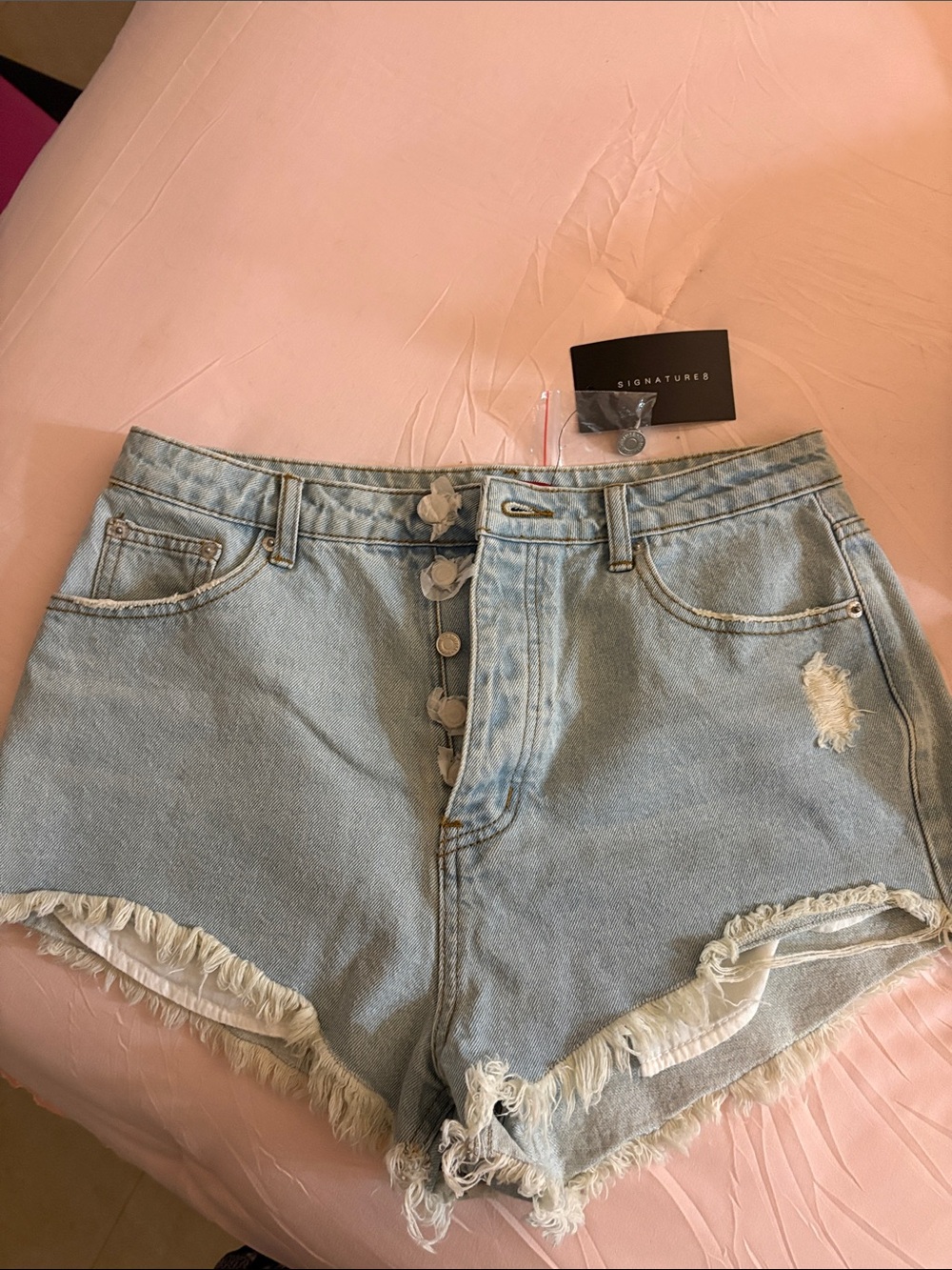 Signature Light Blue Distressed Denim Shorts